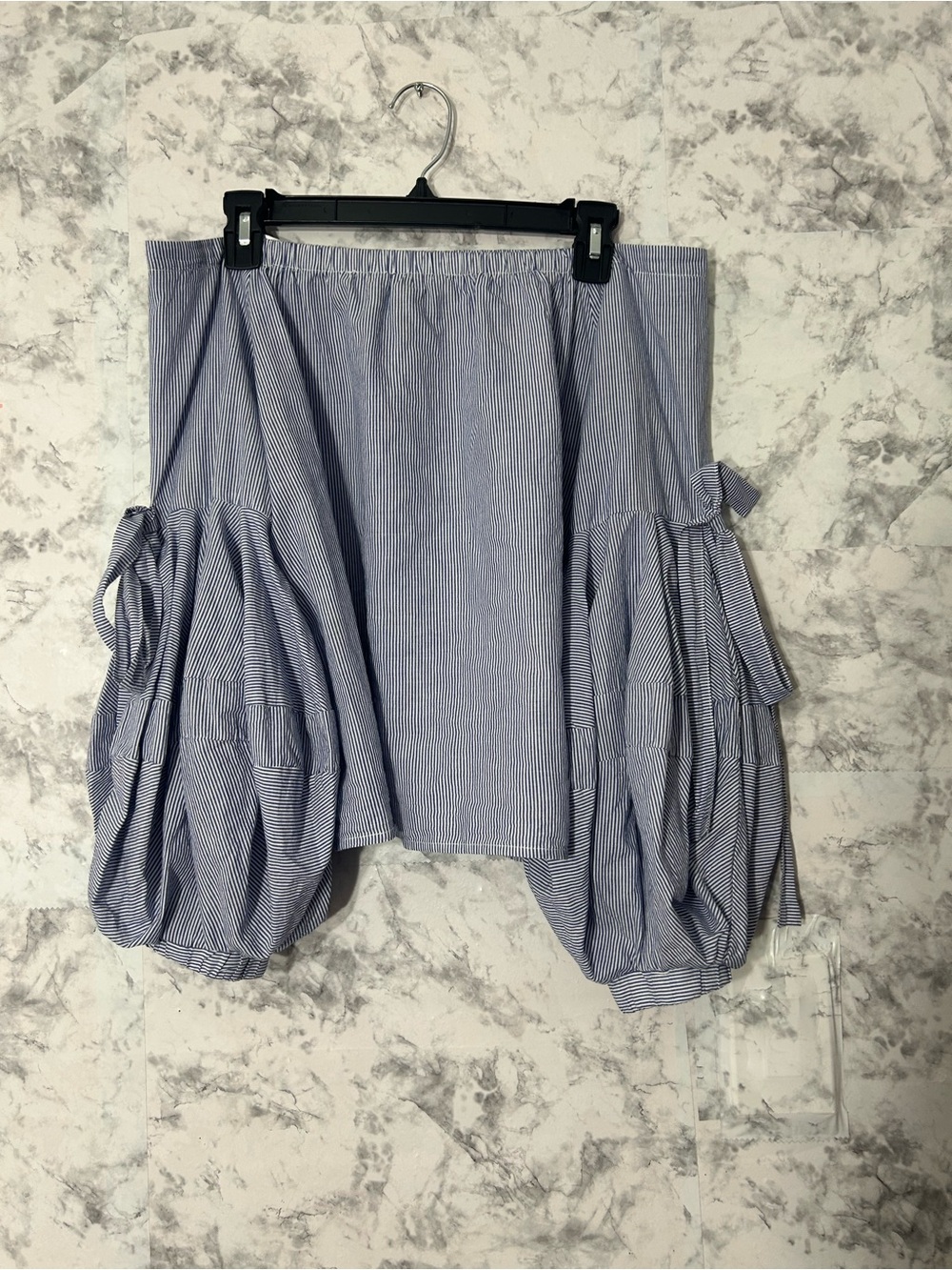Aqua Blue Pinstripe Off-Shoulder Bubble-Sleeve Top
59